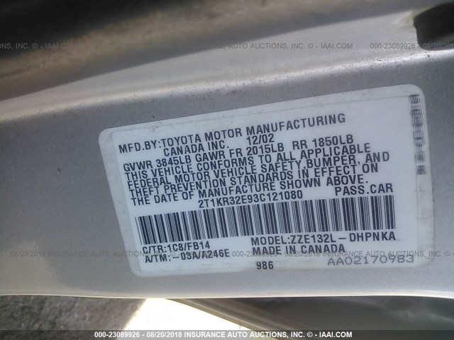 2T1KR32E93C121080 - 2003 TOYOTA COROLLA MATRIX XR SILVER photo 9