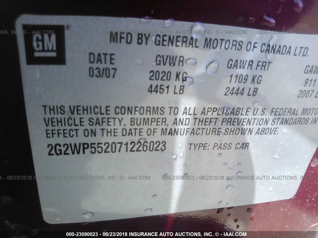 2G2WP552071226023 - 2007 PONTIAC GRAND PRIX RED photo 9