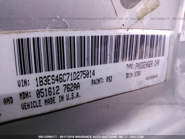 1B3ES46C71D275014 - 2001 DODGE NEON SE/ES SILVER photo 9