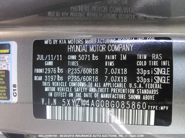 5XYZH4AG0BG085860 - 2011 HYUNDAI SANTA FE SE GRAY photo 9