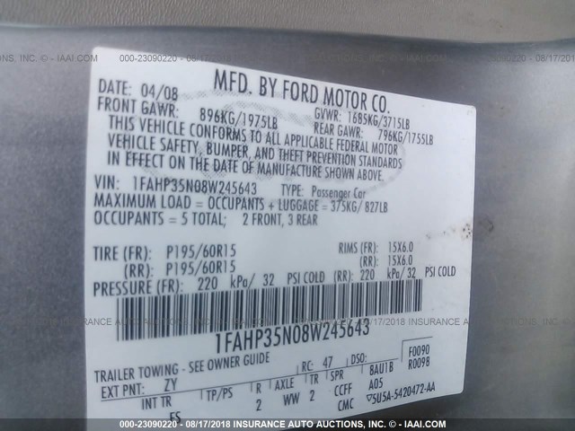 1FAHP35N08W245643 - 2008 FORD FOCUS SE/SEL/SES SILVER photo 9