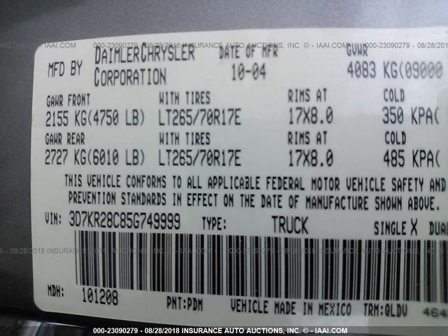 3D7KR28C85G749999 - 2005 DODGE RAM 2500 ST/SLT 灰色 照片 9