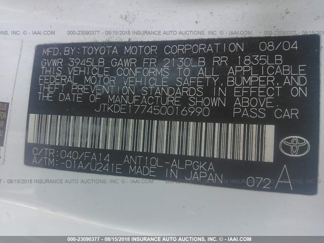 JTKDE177450016990 - 2005 TOYOTA SCION TC 白色 照片 9