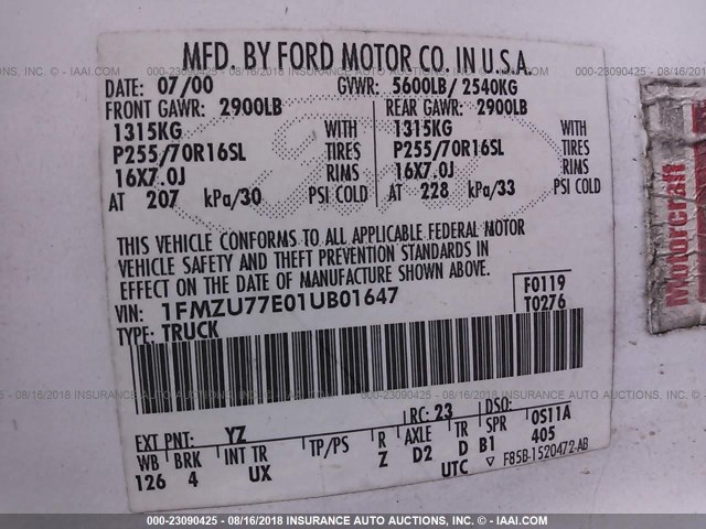 1FMZU77E01UB01647 - 2001 FORD EXPLORER SPORT TR  WHITE photo 9