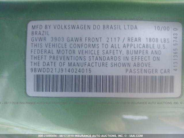 9BWDD21J914024015 - 2001 VOLKSWAGEN GTI GLS GREEN photo 9