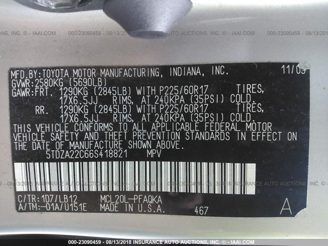 5TDZA22C66S418821 - 2006 TOYOTA SIENNA XLE/XLE LIMITED SILVER photo 9