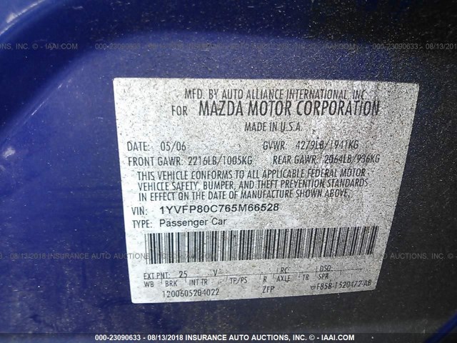 1YVFP80C765M66528 - 2006 MAZDA 6 I Mavi fotoğraf 9