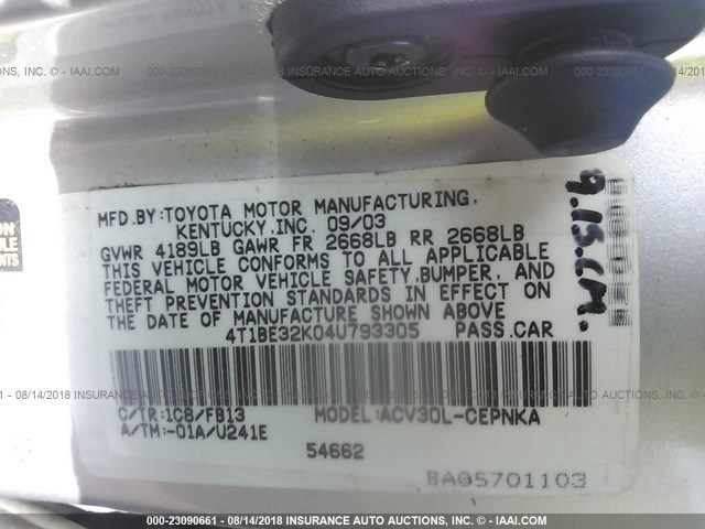 4T1BE32K04U793305 - 2004 TOYOTA CAMRY LE/XLE/SE Күміс фото 9