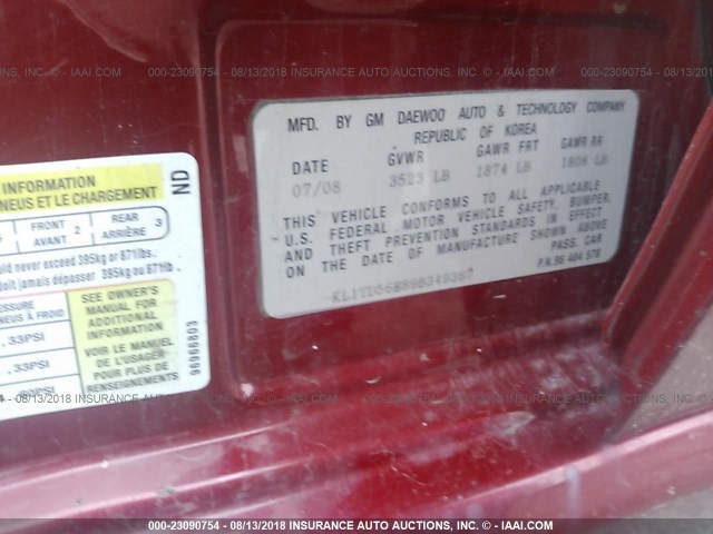 KL1TD56E89B349367 - 2009 CHEVROLET AVEO LS/LT 红色 照片 9