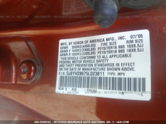 5J6YH28675L023811 - 2005 HONDA ELEMENT ORANGE photo 9