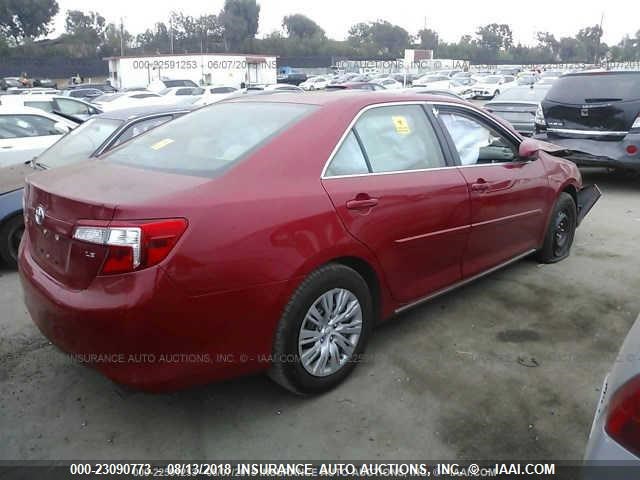 4T4BF1FKXDR296019 - 2013 TOYOTA CAMRY L/SE/LE/XLE RED photo 4
