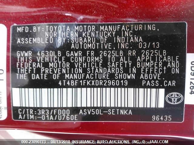 4T4BF1FKXDR296019 - 2013 TOYOTA CAMRY L/SE/LE/XLE RED photo 9