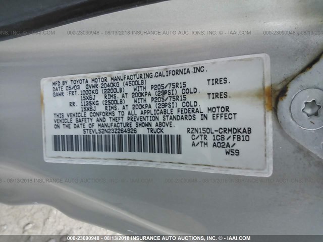 5TEVL52N23Z264926 - 2003 TOYOTA TACOMA XTRACAB SILVER photo 9