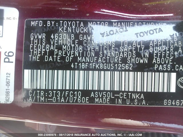 4T1BF1FK8GU512562 - 2016 TOYOTA CAMRY LE/XLE/SE/XSE MAROON photo 9