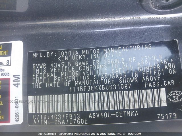 4T1BF3EKXBU631087 - 2011 TOYOTA CAMRY SE/LE/XLE ნაცრისფერი ფოტო 9