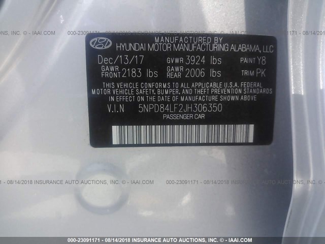 5NPD84LF2JH306350 - 2018 HYUNDAI ELANTRA SEL/VALUE/LIMITED SILVER photo 9