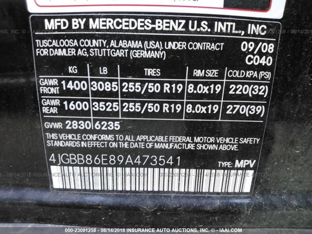 4JGBB86E89A473541 - 2009 MERCEDES-BENZ ML 350 BLACK photo 9