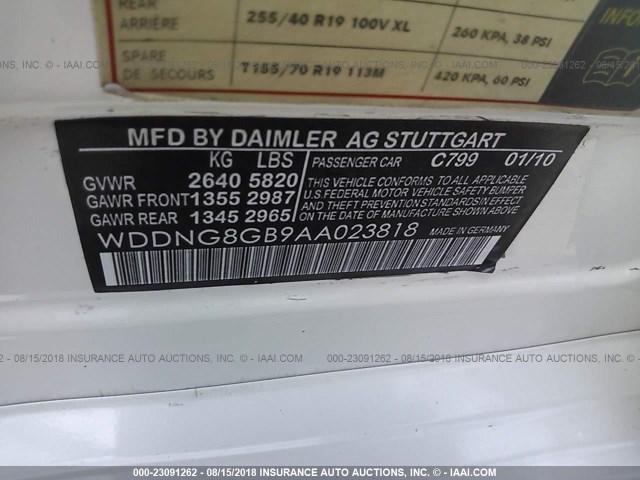 WDDNG8GB9AA023818 - 2010 MERCEDES-BENZ S 550 4MATIC WHITE photo 9