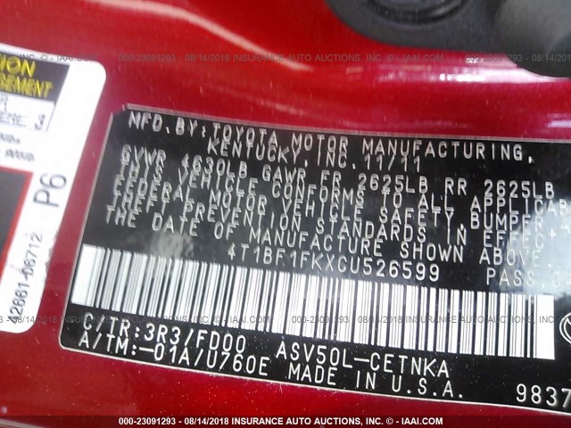 4T1BF1FKXCU526599 - 2012 TOYOTA CAMRY SE/LE/XLE 红色 照片 9