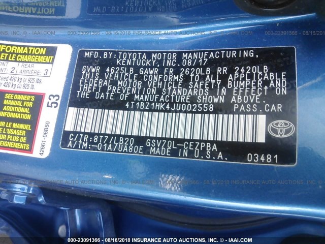 4T1BZ1HK4JU002558 - 2018 TOYOTA CAMRY XSE/XLE BLUE photo 9