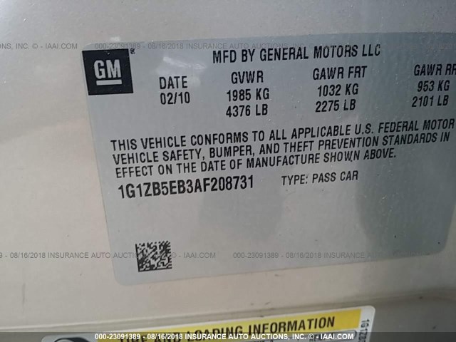 1G1ZB5EB3AF208731 - 2010 CHEVROLET MALIBU LS 棕色 照片 9