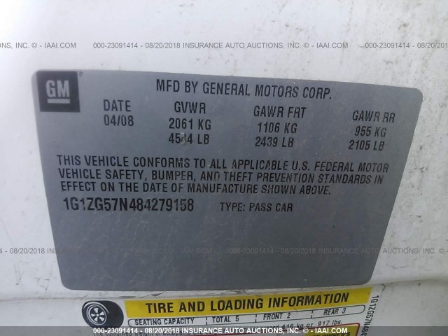 1G1ZG57N484279158 - 2008 CHEVROLET MALIBU LS 白色 照片 9