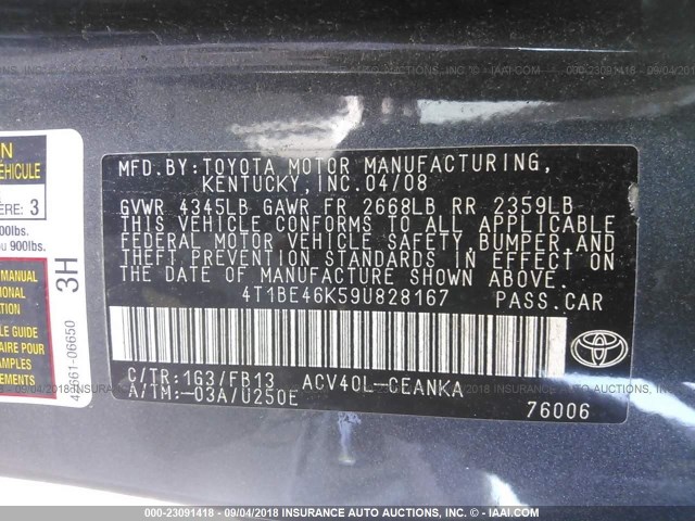 4T1BE46K59U828167 - 2009 TOYOTA CAMRY SE/LE/XLE ნაცრისფერი ფოტო 9