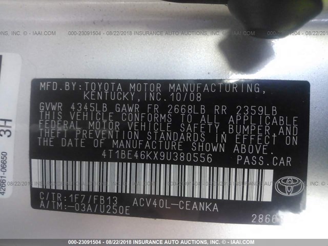 4T1BE46KX9U380556 - 2009 TOYOTA CAMRY SE/LE/XLE 银色 照片 9