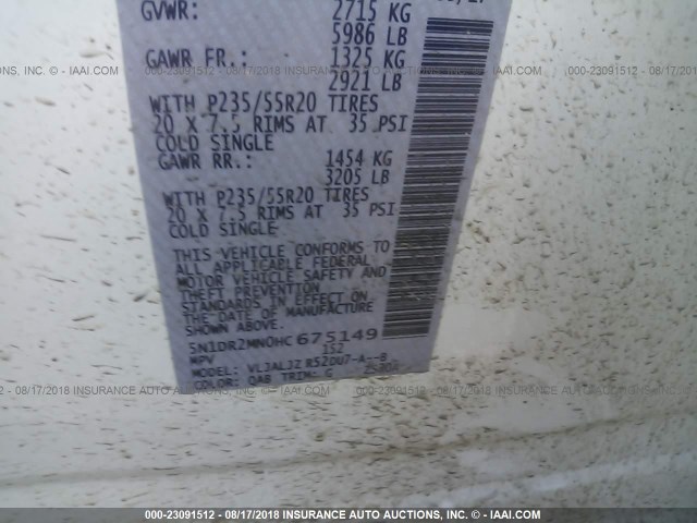 5N1DR2MN0HC675149 - 2017 NISSAN PATHFINDER S/SV/SL/PLATINUM WHITE photo 9