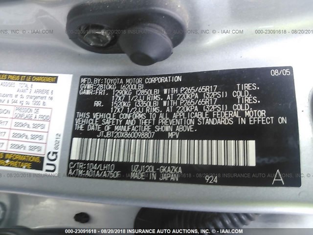 JTJBT20X860098807 - 2006 LEXUS GX 470 SILVER photo 9