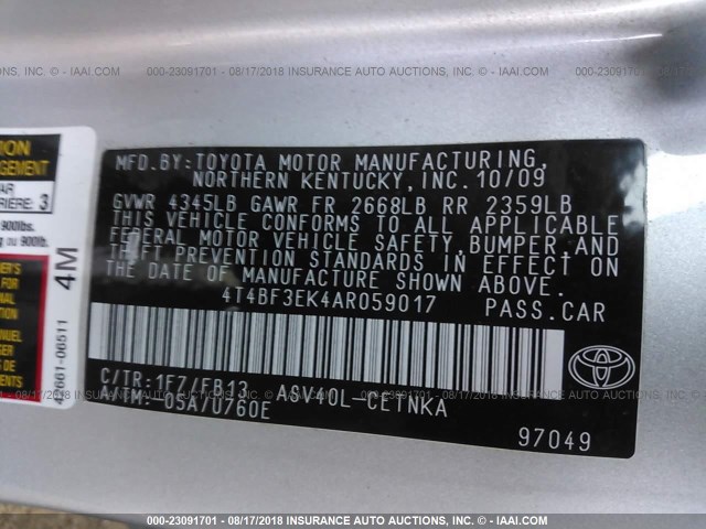 4T4BF3EK4AR059017 - 2010 TOYOTA CAMRY SE/LE/XLE 银色 照片 9