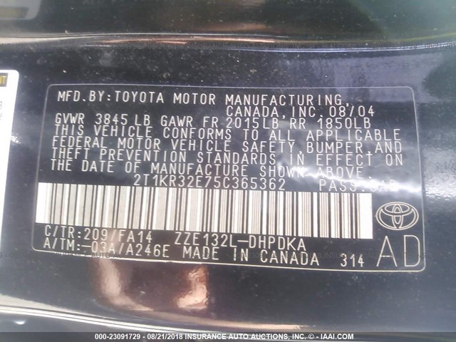 2T1KR32E75C365362 - 2005 TOYOTA COROLLA MATRIX XR BLACK photo 9