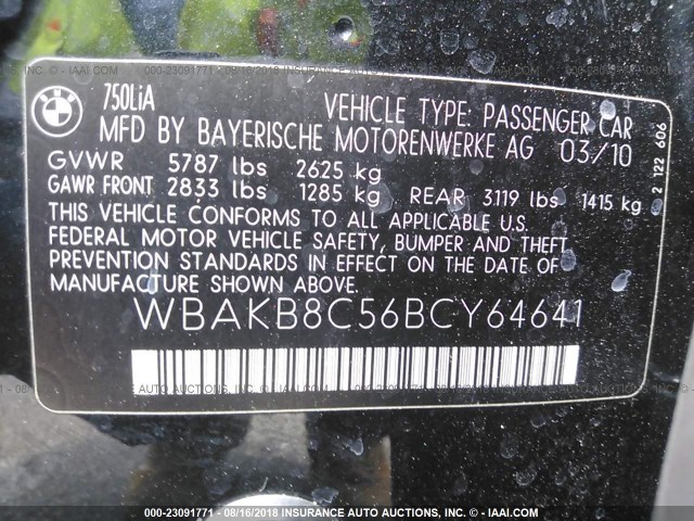 WBAKB8C56BCY64641 - 2011 BMW 750 LI BLACK photo 9