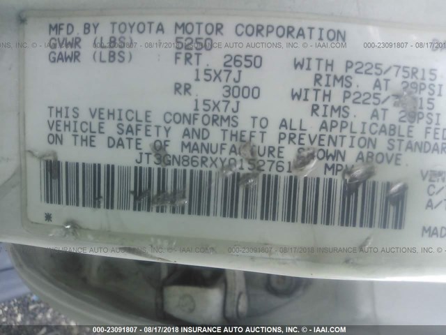 JT3GN86RXY0152761 - 2000 TOYOTA 4RUNNER SR5 WHITE photo 9