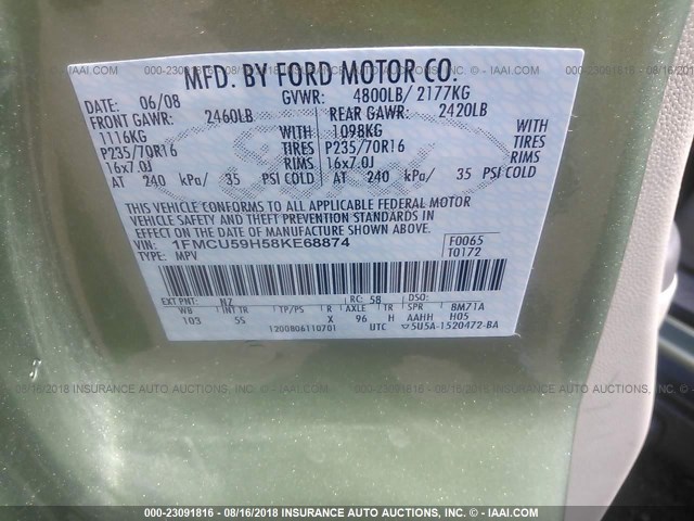 1FMCU59H58KE68874 - 2008 FORD ESCAPE HEV GREEN photo 9