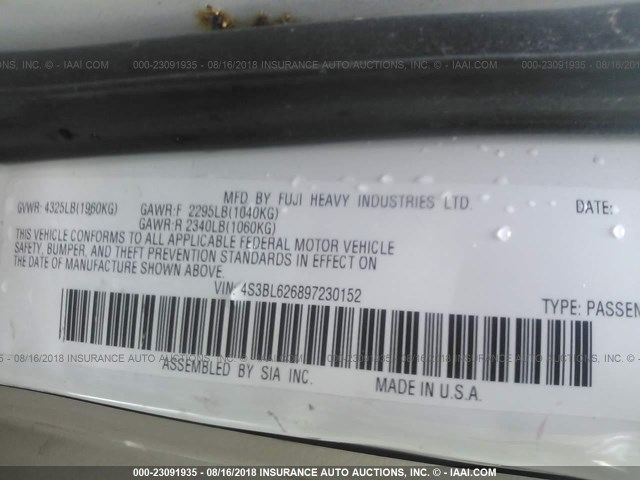 4S3BL626897230152 - 2009 SUBARU LEGACY 2.5I LIMITED WHITE photo 9