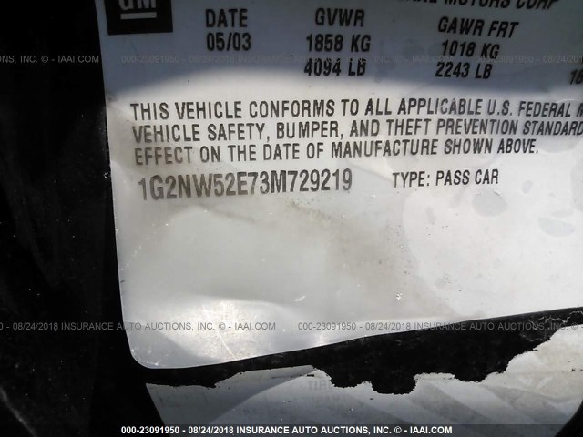 1G2NW52E73M729219 - 2003 PONTIAC GRAND AM GT BLACK photo 9