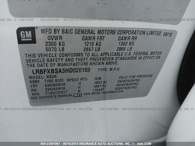 LRBFXBSA3HD020169 - 2017 BUICK ENVISION ESSENCE Սպիտակ լուսանկար 9