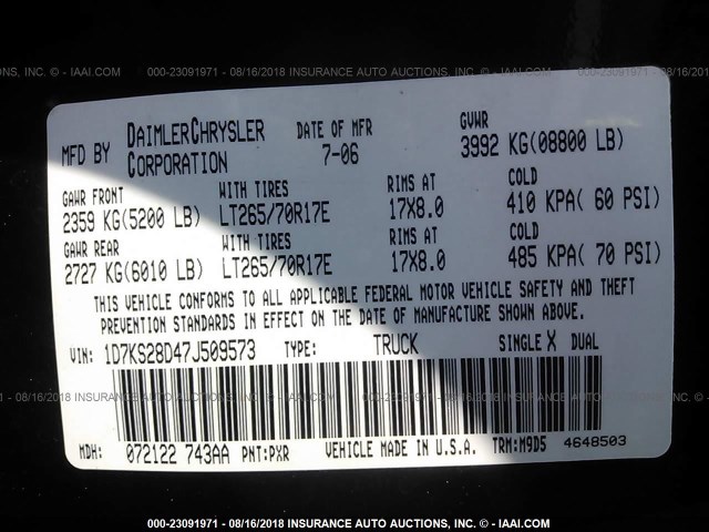 1D7KS28D47J509573 - 2007 DODGE RAM 2500 ST/SLT 黑色 照片 9