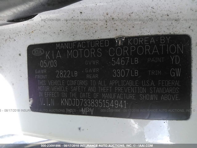 KNDJD733835154941 - 2003 KIA SORENTO EX/LX WHITE photo 9