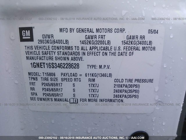 1GNET16S346228628 - 2004 CHEVROLET TRAILBLAZER EXT LS/EXT LT WHITE photo 9