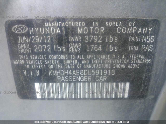 KMHDH4AE8DU591913 - 2013 HYUNDAI ELANTRA GLS/LIMITED ნაცრისფერი ფოტო 9