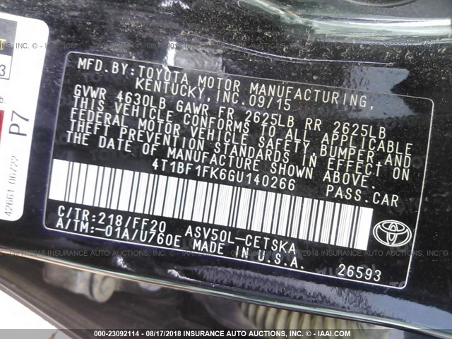 4T1BF1FK6GU140266 - 2016 TOYOTA CAMRY LE/XLE/SE/XSE 黑色 照片 9