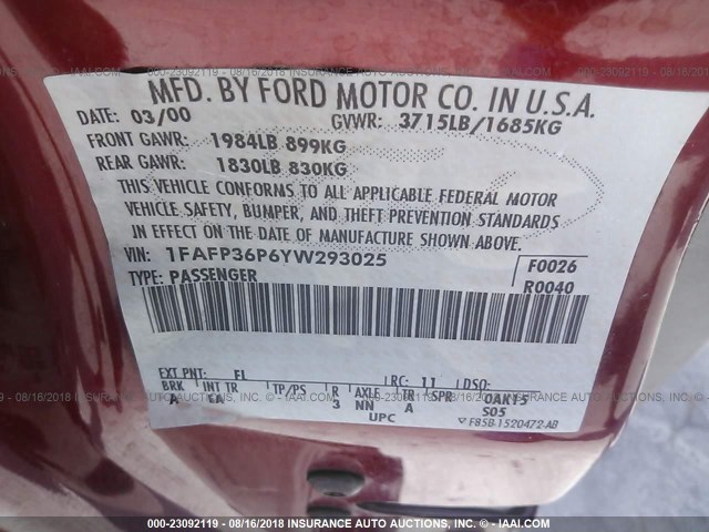 1FAFP36P6YW293025 - 2000 FORD FOCUS SE/SE COMFORT BURGUNDY photo 9