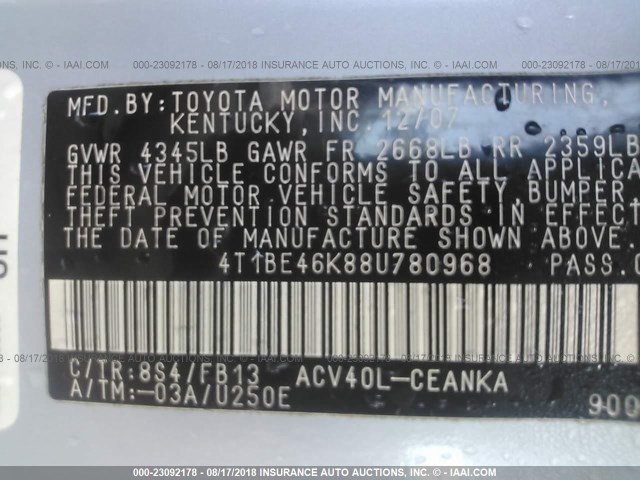 4T1BE46K88U780968 - 2008 TOYOTA CAMRY CE/LE/XLE/SE Light Blue photo 9