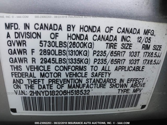 2HNYD18206H518532 - 2006 ACURA MDX SILVER photo 9