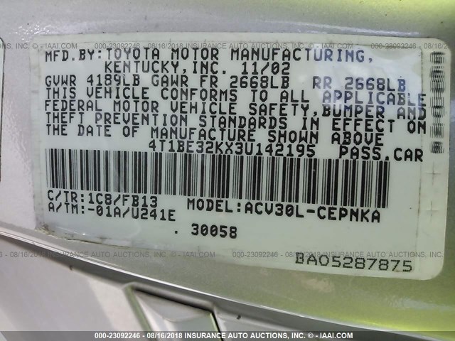 4T1BE32KX3U142195 - 2003 TOYOTA CAMRY LE/XLE/SE Gümüş foto 9