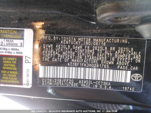 4T1BF1FK3HU281765 - 2017 TOYOTA CAMRY LE/XLE/SE/XSE 黑色 照片 9