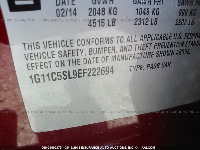 1G11C5SL9EF222694 - 2014 CHEVROLET MALIBU 1LT 红色 照片 9