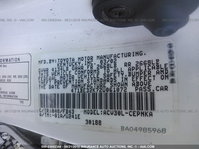 4T1BE32K72U061072 - 2002 TOYOTA CAMRY LE/XLE/SE 白色 照片 9